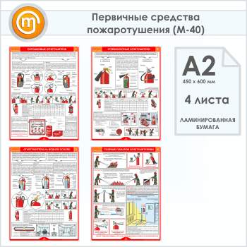 Плакаты «Первичные средства пожаротушения» (М-40, 4 листа, А2)